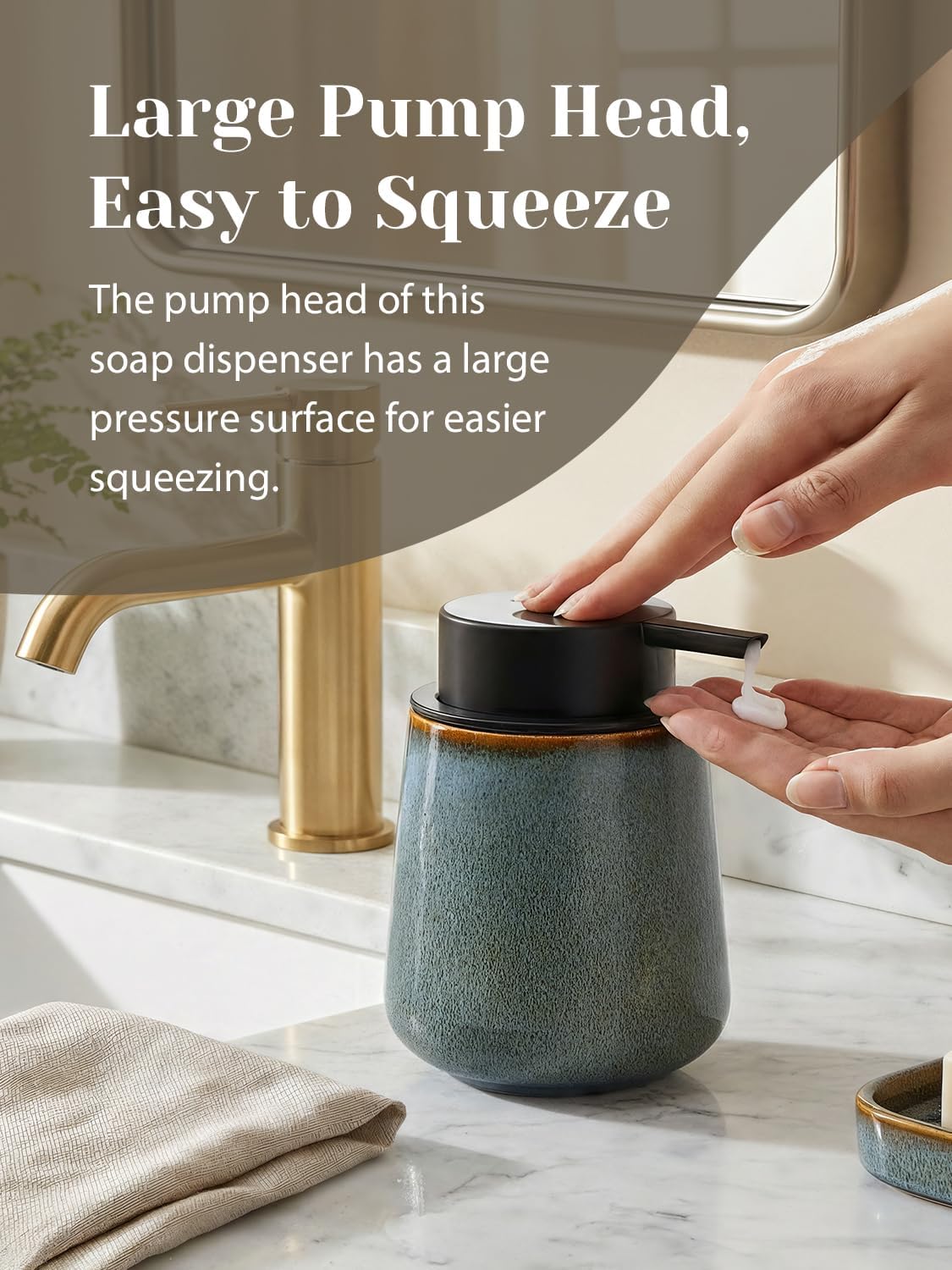 INGOFIN Ceramic Lotion Dispenser - 12 oz Refillable Hand Soap Dispenser Bathroom, Modern Liquid Dispenser with Pump, Dish Soap Dispenser for Kitchen,Kiln-Glazed Blue Green - Image 7