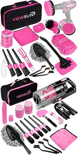 Viewsun Kit de limpieza de automóvil de 37 piezas, kit de detalles interiores de automóvil rosa con aspiradora de mano de alta potencia, juego de