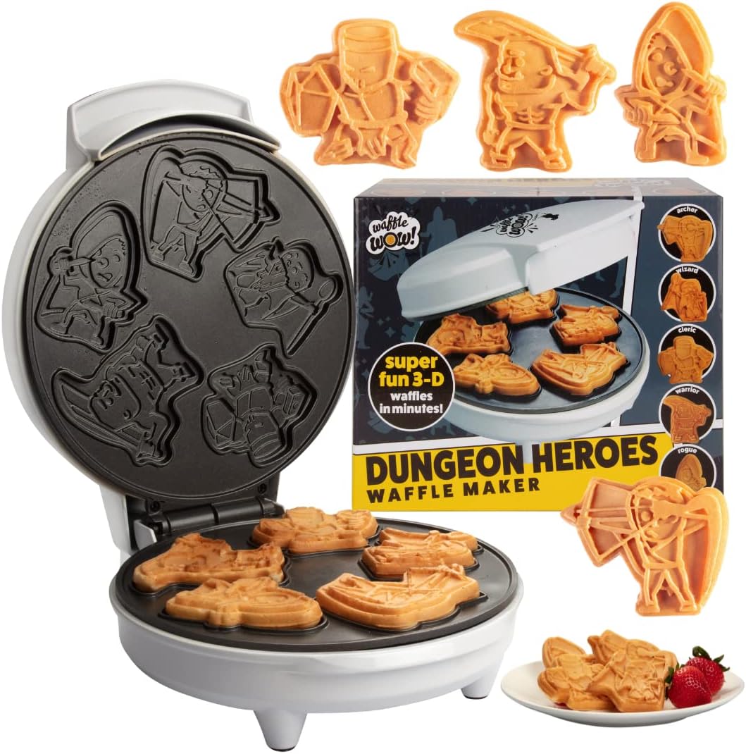 - Dungeon Heroes Electric Mini Waffle Maker- Eat Wizards Fighters Clerics for Morning Breakfast Fun- Novelty Pancakes in Minutes, Non-Stick Fantasy Dragon for Tabletop Gamers- Great Waffler Novelty Gift