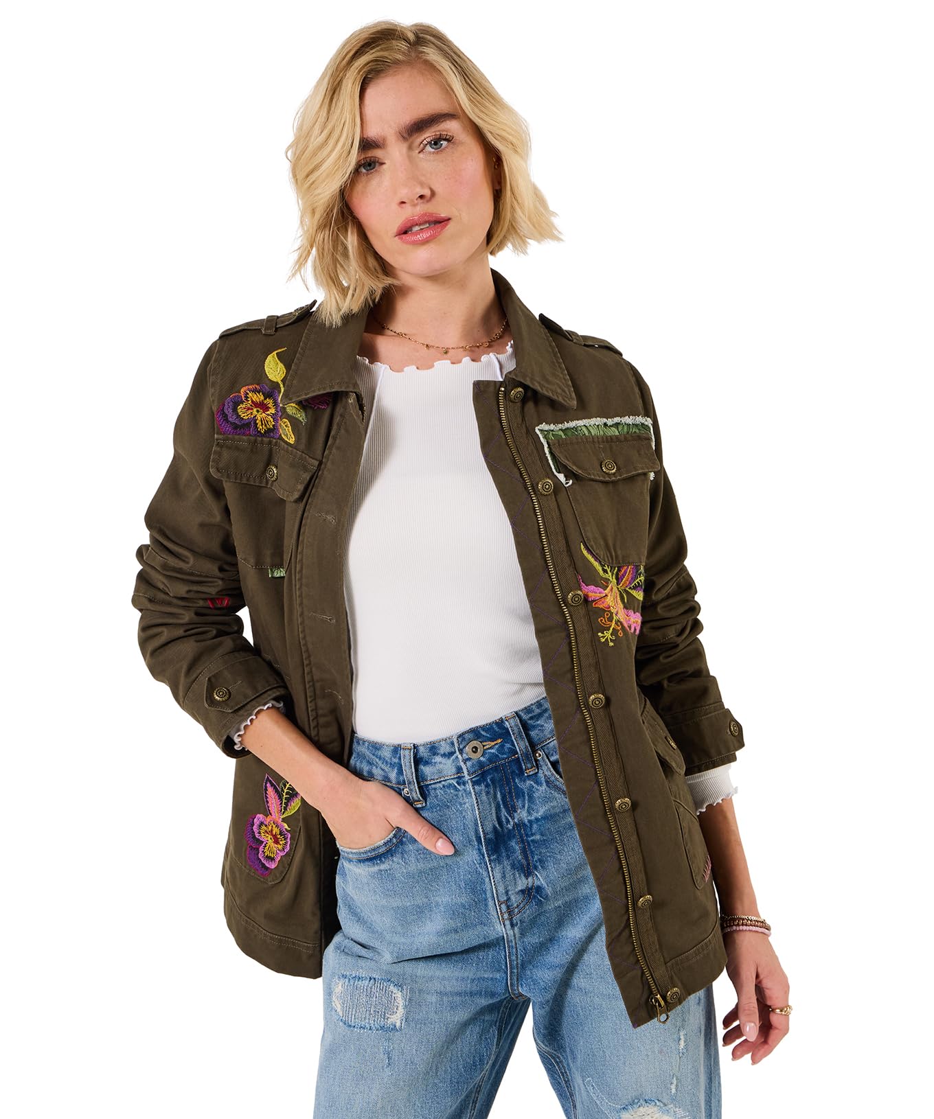 Joe Browns Women's Embroidered Military-inspired Casual Jacket in Khaki | Size: 10