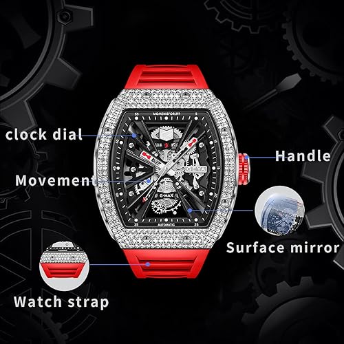 Miniatura 5 de Redhai Reloj mecánico de dragón de cristal de lujo, 164.0 ft, resistente al agua, esfera esquelética, caja de oro rosa, correa de acero inoxidable,