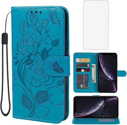 Funda para iPhone XR con protector de pantalla de vidrio templado, funda de cuero con diseño de flor para tarjeta de crédito con soporte para iPhone