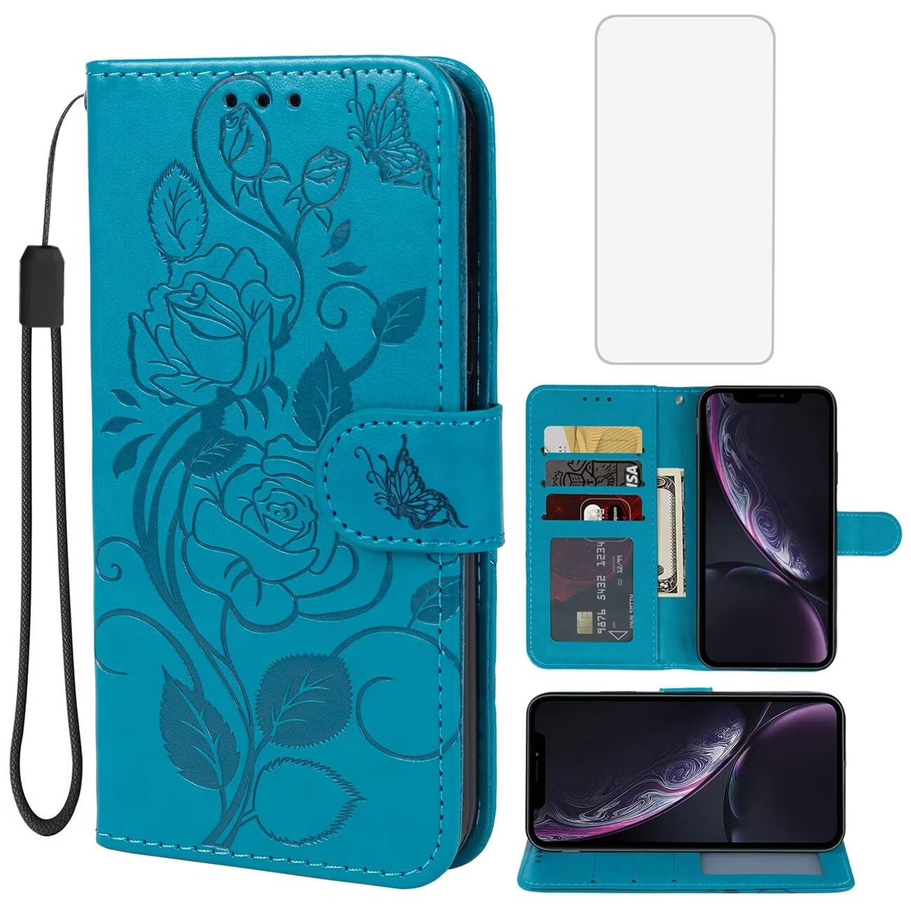 case for iphone xr wallet case with tempered glass screen protector, flower leather flip credit card holder stand phone cover cases for iphone xr blue