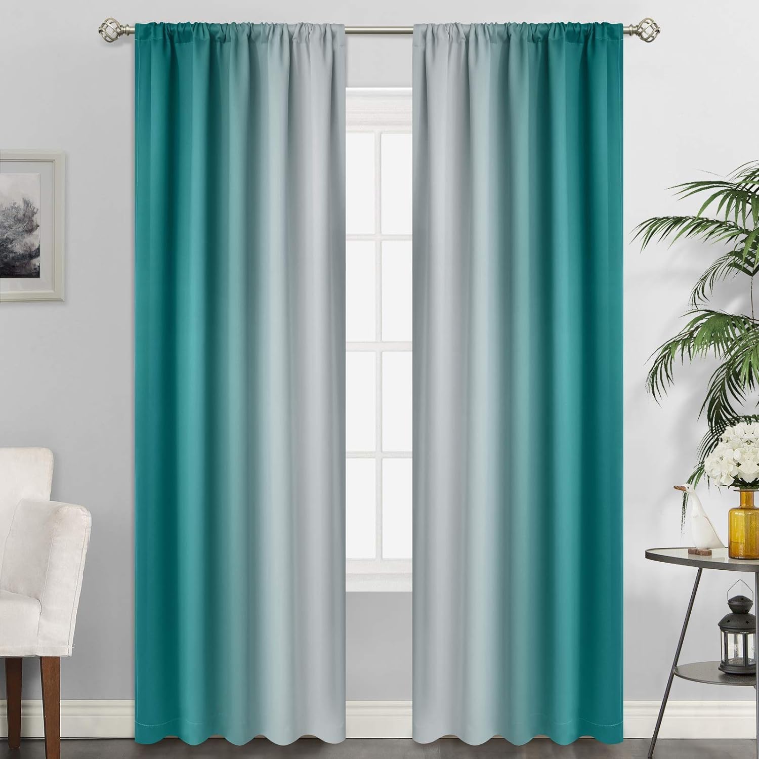 SimpleHome Ombre Room Darkening Curtains for Living Room, Rod Pocket Light Blocking Gradient Teal to Greyish White Thermal Insulated Window Drapes for