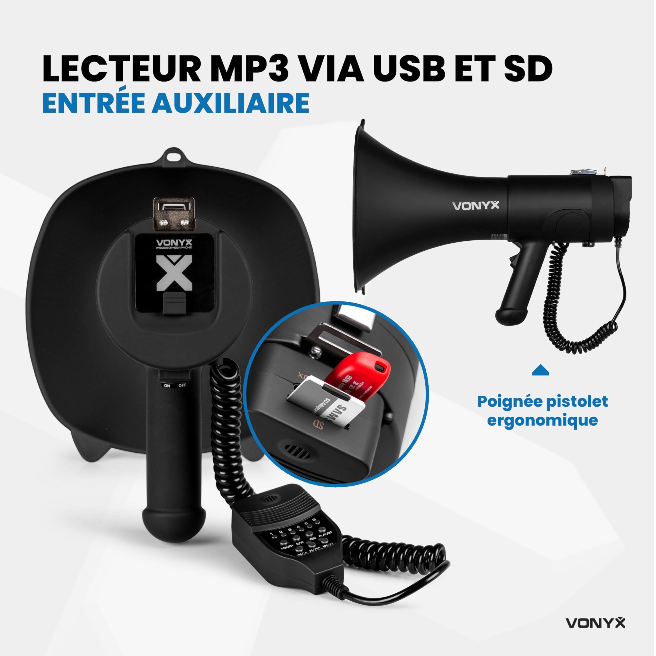 VONYX MEG090 Pack Mégaphone 90W - avec 2X Batteries Rechargeables MRB12 et Sac de Transport, Portée 1,4 km, Micro Main, Bluetooth & Lecteur MP3, Idéal pour Manifestations et Matchs Sportifs