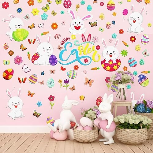 Miniatura 8 de Capoda 103 piezas/6 hojas de calcomanías de pared de Pascua, conejos, huevos de conejo, huevos de Pascua, mural de pared de habitación grande,