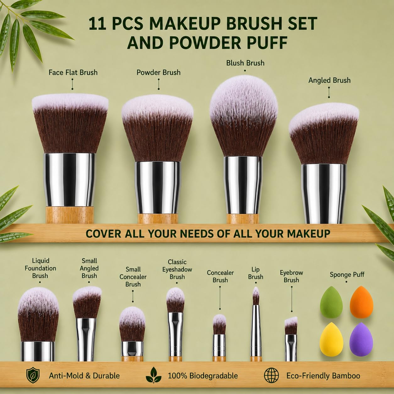 UWM Natural Bamboo Makeup Brush Set, 15-Piece Cosmetic Kit with 11 Professional Nylon Bristle Brushes & 4 Makeup Sponges, Reusable Beauty Tools for Face, Eyes & Everyday Makeup