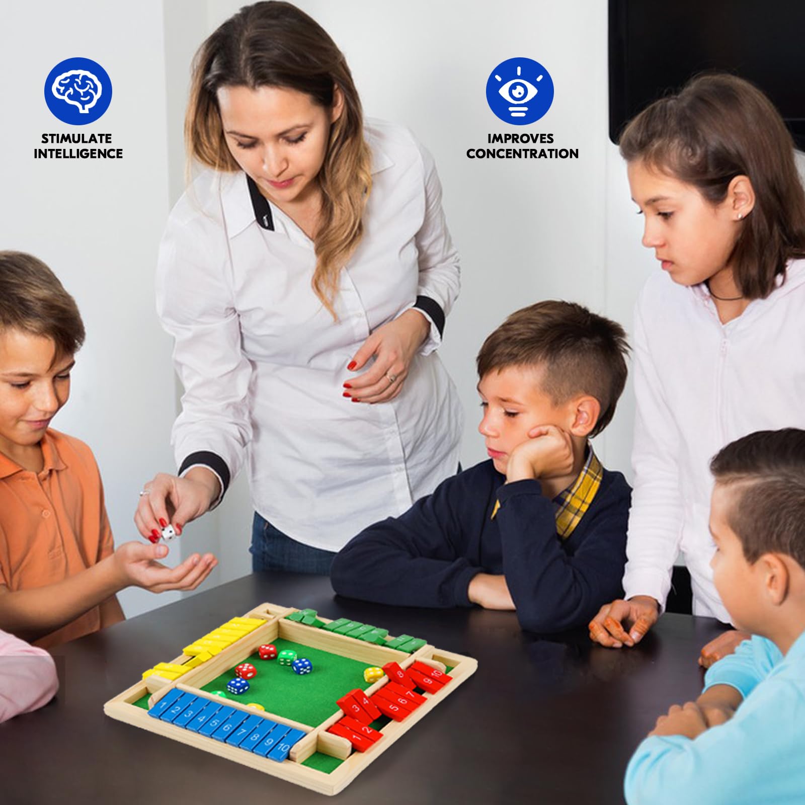 Shut The Box Spiel 2 Set, 2-4 Spieler Familie Holzbrett Tisch Würfelspiel, 8 Würfel, Klassiker, Tischversion, Spiele für Klassenzimmer, Zuhause, Party, Pub