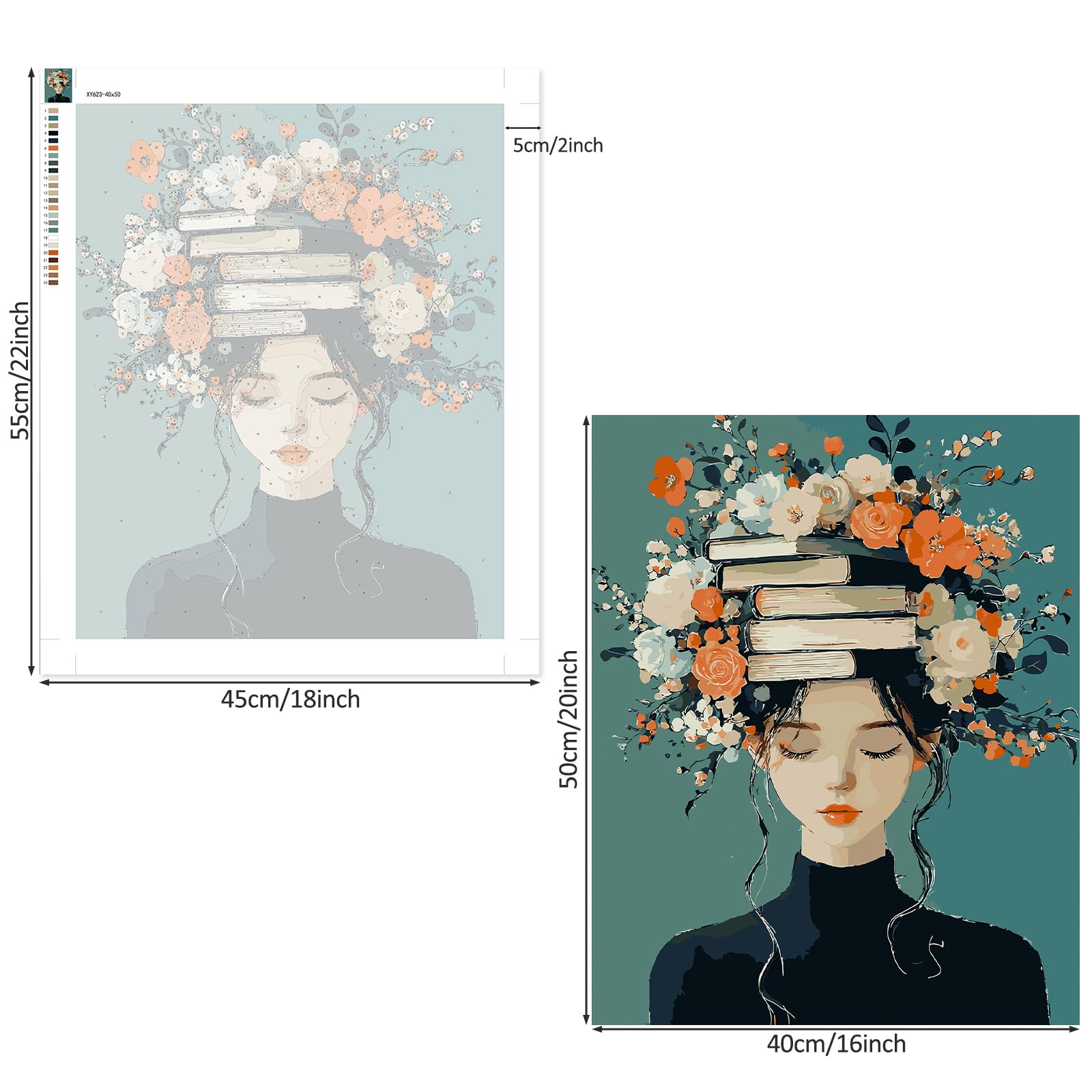 AIRDEA Donna con libri Dipingere con i Numeri Adulti, Fiori Paint by Numbers con Vernici e Pennelli, Kit di Pittura Acrilica Fai-da-Te per Adulti Principianti Decora la casa 40x50 cm (Nessuna Cornice)