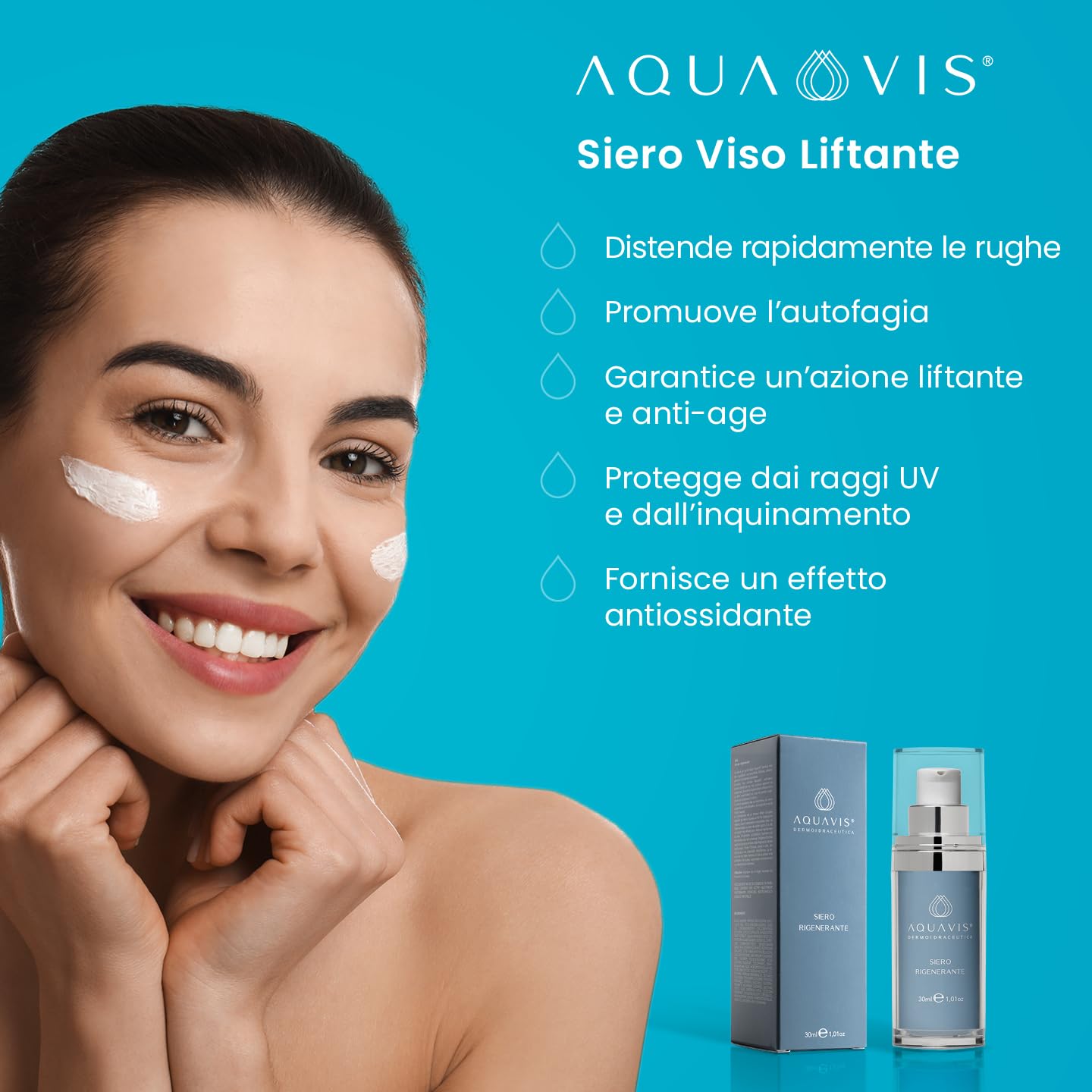 Aquavis® Siero Viso Liftante Antirughe con Aquavis, Ciclo destrine, Peptide, Vitamina C/E, Olio di Avocado e semi di Chia. 30 ml