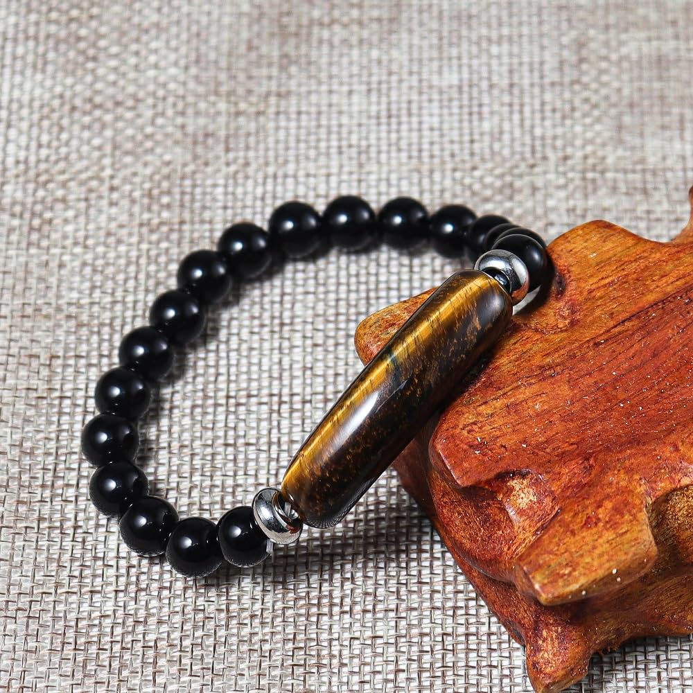Pulseras unisex de piedra con dije de gema natural, pulsera elástica con dije de corazón de energía de cristal y ojo de tigre de 8 mm, pulsera hecha a mano con joyería de piedra para meditación, pul