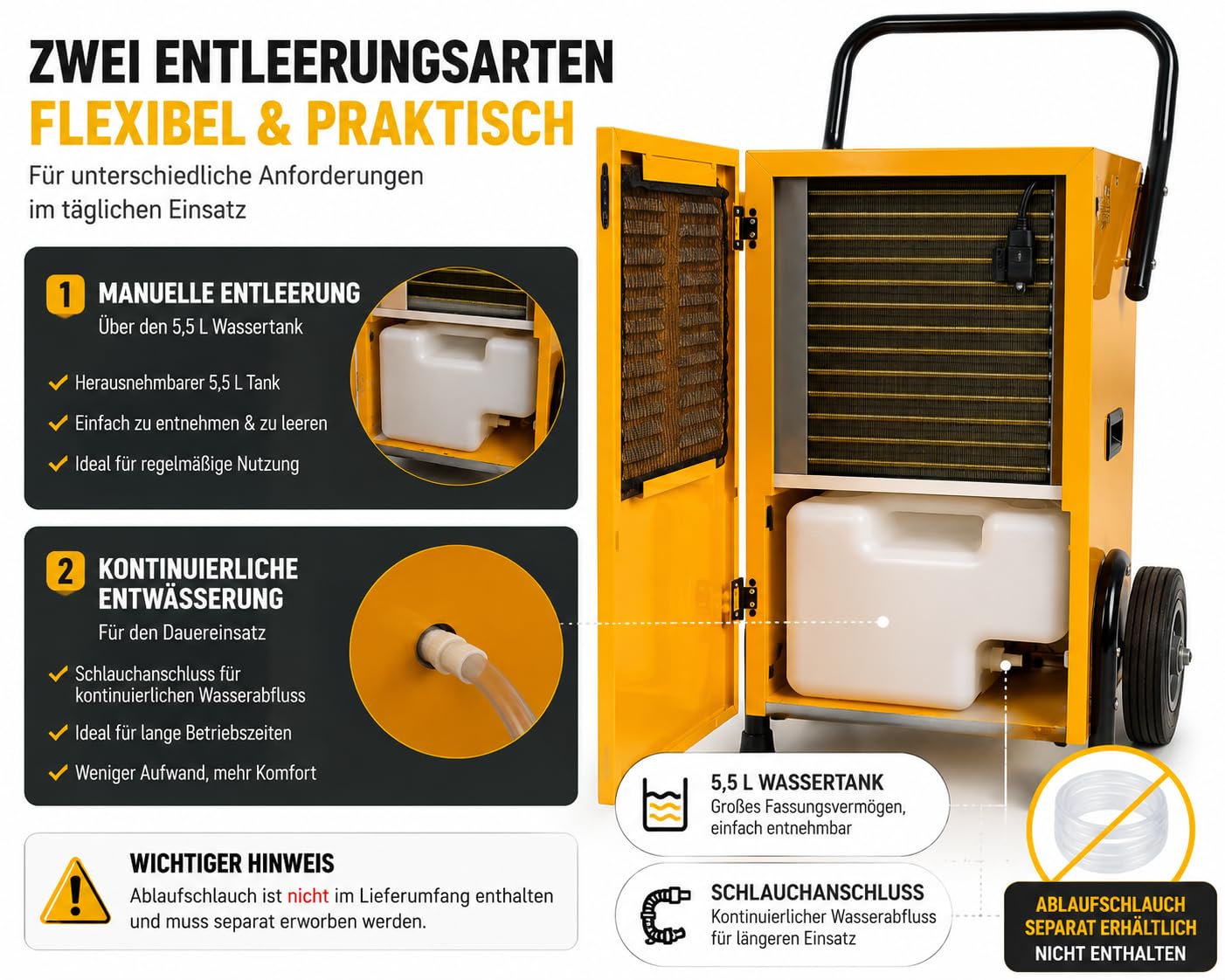 Luftentfeuchter 50 L/Tag mit Smart Control, Bautrockner für Keller und Garage, 5,5 L Tank, Dauerablauf
