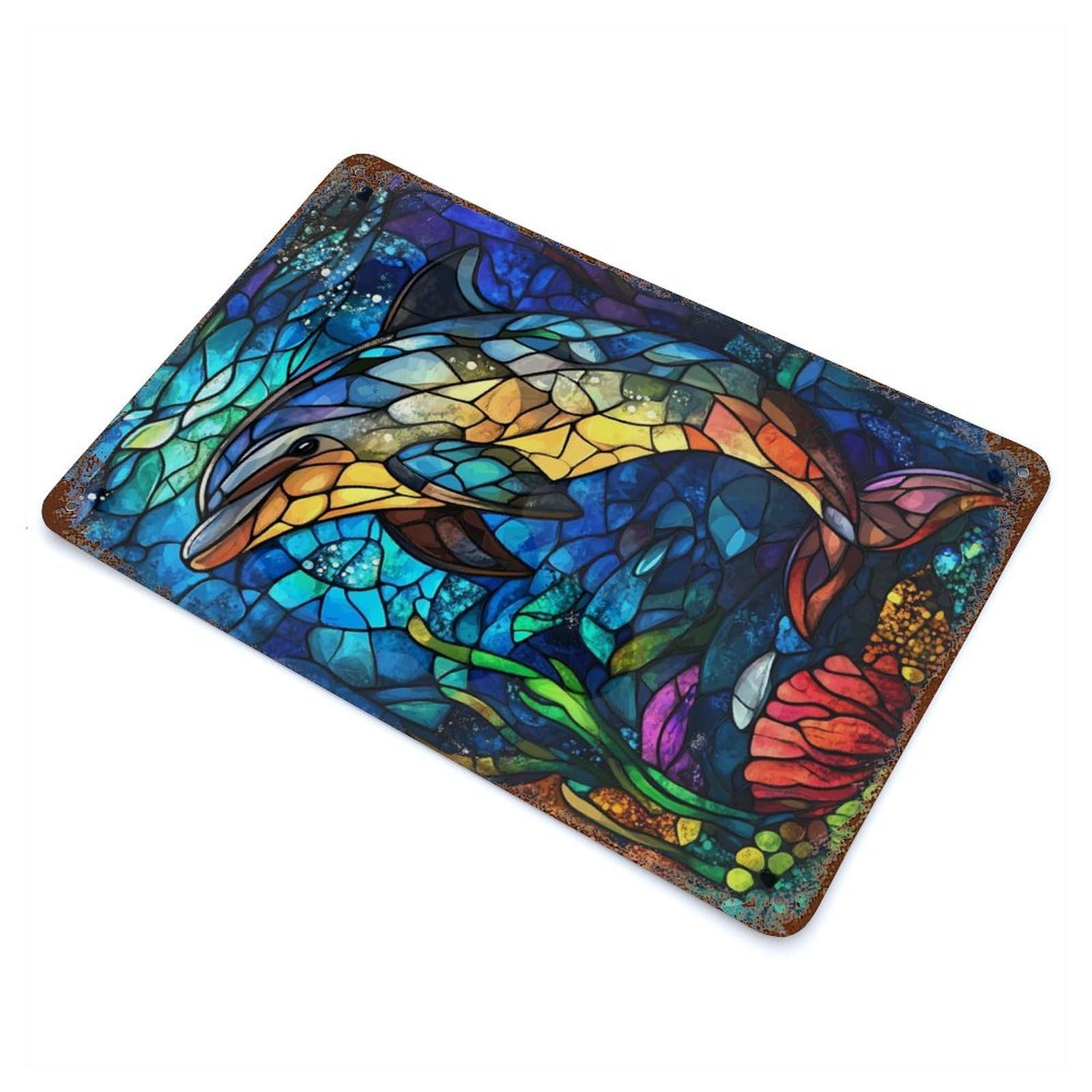 Stained Glass Dolphin Weathered Tin Sign 11.8"x7.9", Vintage Wall Decor for Garage, Pub Or Kitchen