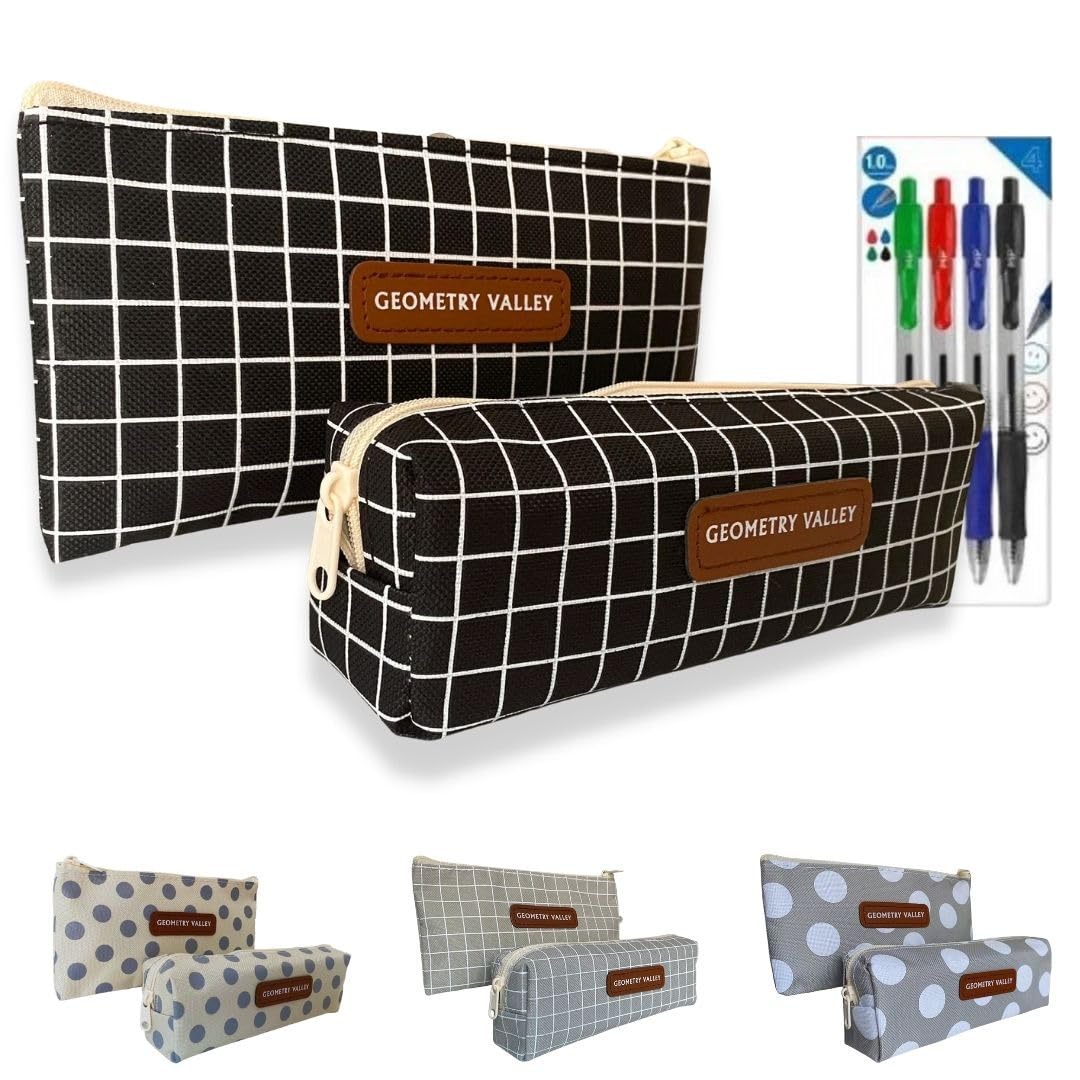 ZUNOVI Estuche Escolar pequeño | Conjunto de 2 Estuches Multifuncionales en Lona Impermeable | Ideal para Organización Escolar y Cosméticos (Negro Rayas Blancas)