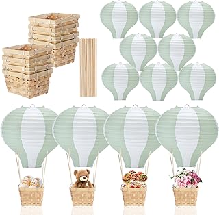 Meooeck 8 Sets Hot Air Balloon Table Centerpieces 11.8'' Paper Lanterns Woven Baskets with