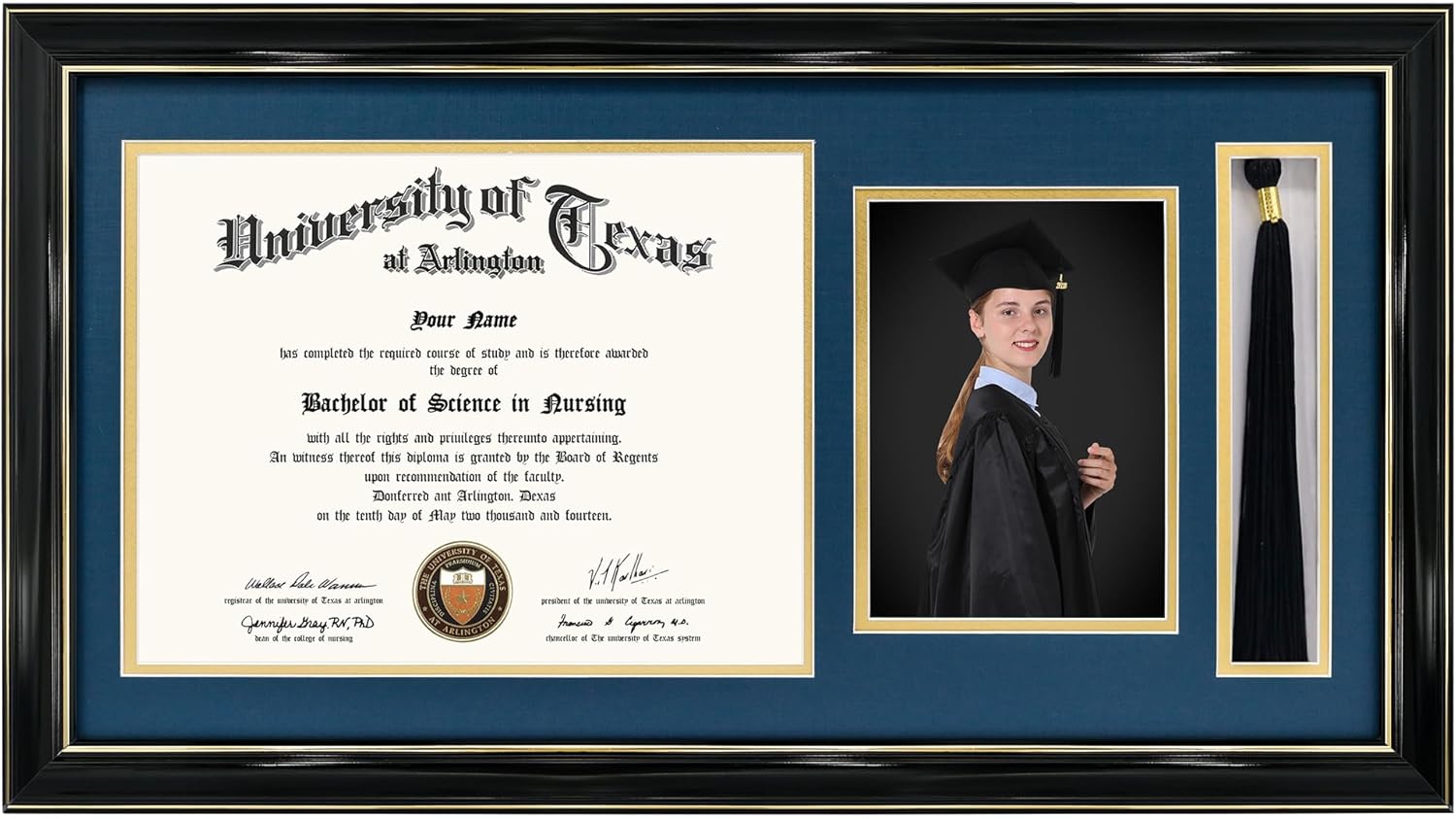 GraduationMall 11x22 Black Diploma Frame with Tassel Holder and Picture for 8.5x11 Certificate 5x7 Photo,Tempered Glass,Navy over Gold Mat Black With Gold Trim / Blue Gold Mat Diploma + Picture + Tassel