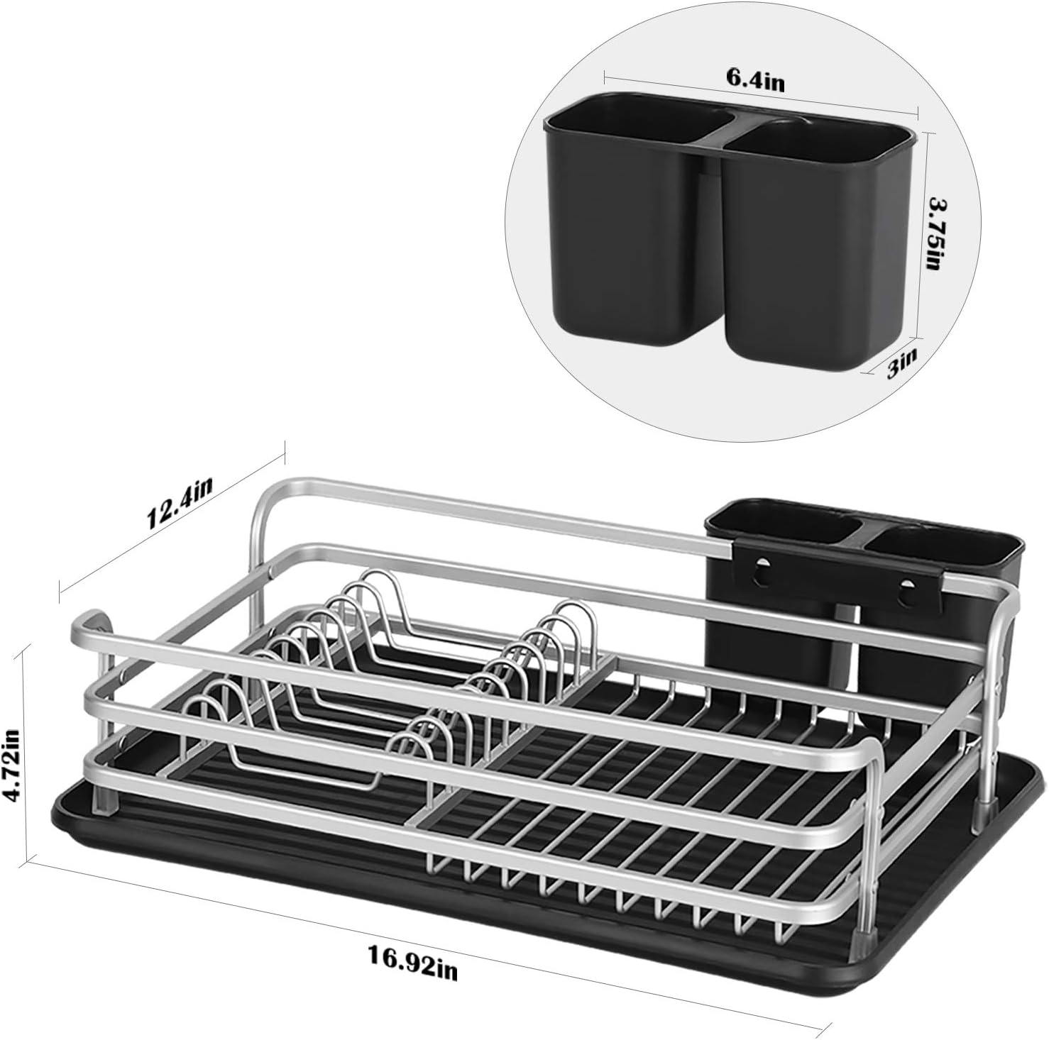 MOOACE Aluminum Dish Drying Rack, Counter Rustproof Dish Storage with Cutlery Holder, Removable Drainer Tray, Silver