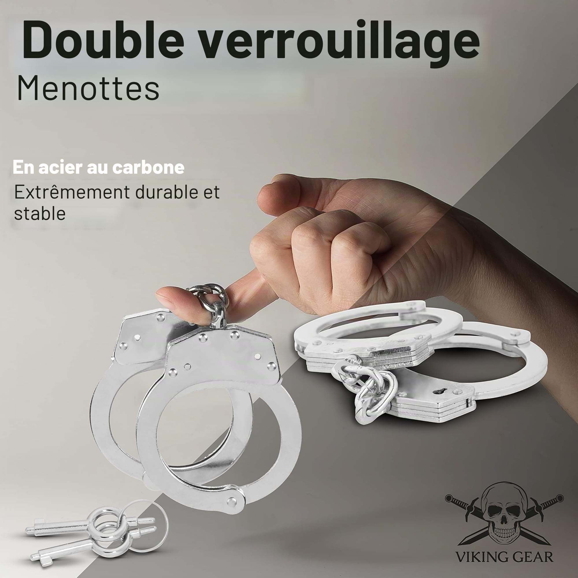 Menottes professionnelles VIKING GEAR® en acier trempé argenté avec 2 clés - Qualité professionnelle - Accessoire de sécurité - Menottes pour le sexe - Handcuffs sex