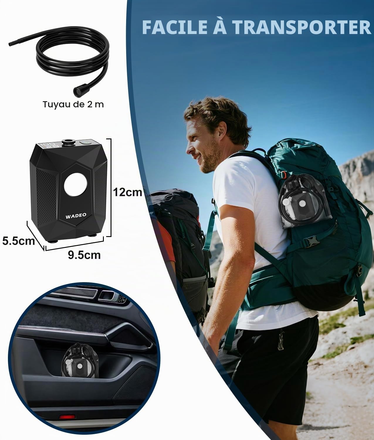 WADEO Douche Portable avec Seau Pliable 20L, Douche de Camping, Pompe Rechargeable 6000mAh, Lumière Intégrée, Étanche IPX8, 5 Modes Pression, Pompe Douche Idéale Randonnée, Voyage, Animaux