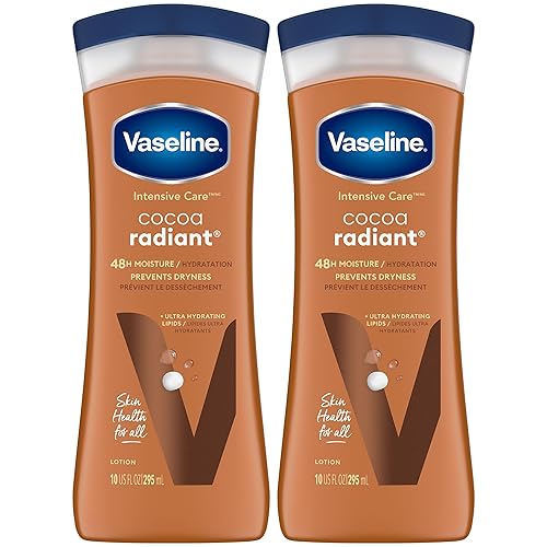 Vaseline Cocoa Radiant - Paquete de 2 loción hidratante para manos y cuerpo de cuidado intensivo con lípidos ultrahidratantes, manteca de cacao