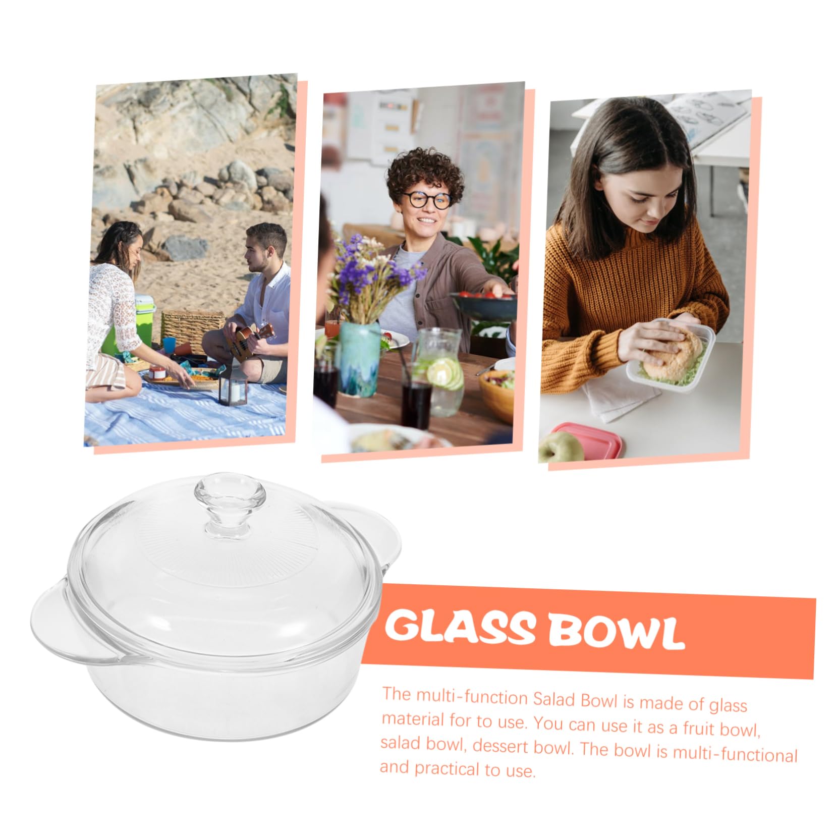 Cabilock Ensaladera de Cristal Transparente con Tapa, 1l, Doble Asa | Vidrio, Conserva la Comida, Transporte Sencillo, Manejo Cómodo Cuenco para Servir en Cocina u Oficina