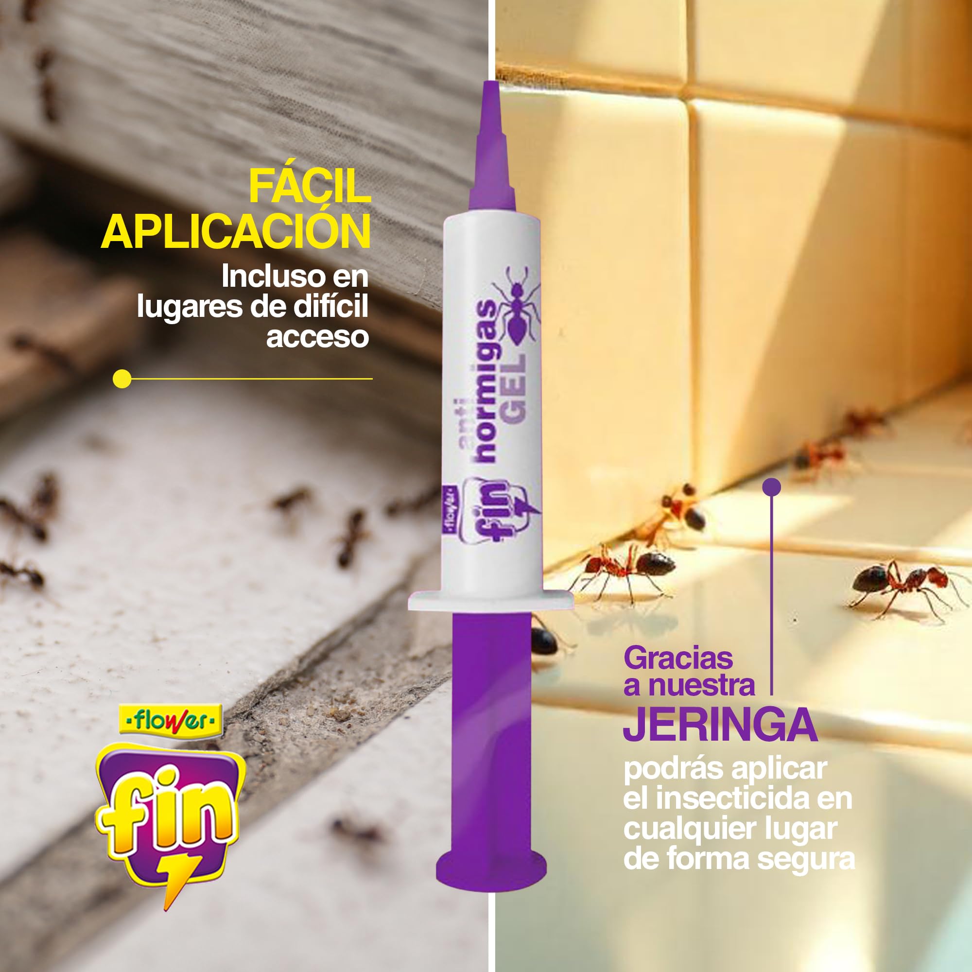 FLOWER x3 Insecticida Anti Hormigas Formato Jeringa 10 gr | Jeringuilla Antihormigas Eficaz Elimina a Toda La Colonia | Gel Atrayante y Duradero | Interior y Exterior | Aplicación Segura y Sencilla
