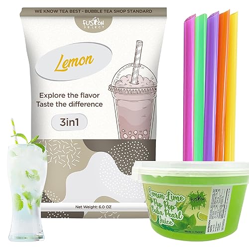 Fusion Select Ultimate Lemon Bubble Tea DIY Kit Polvo de té de burbujas 3 en 1, Boba, popote grande