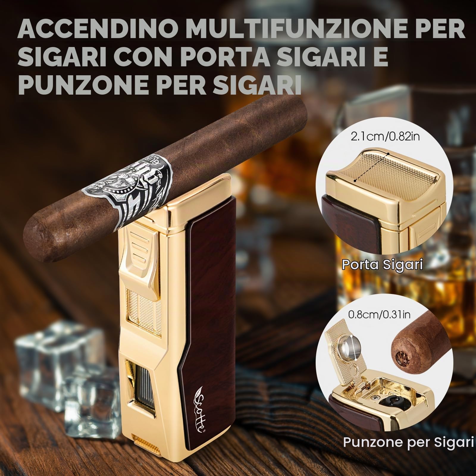 Scotte humidor per sigari, accendisigari per sigari, scatola di sigari in pelle con umidificatore e igrometro,accendino a butano con punzone per sigari, portasigari (senza butano)