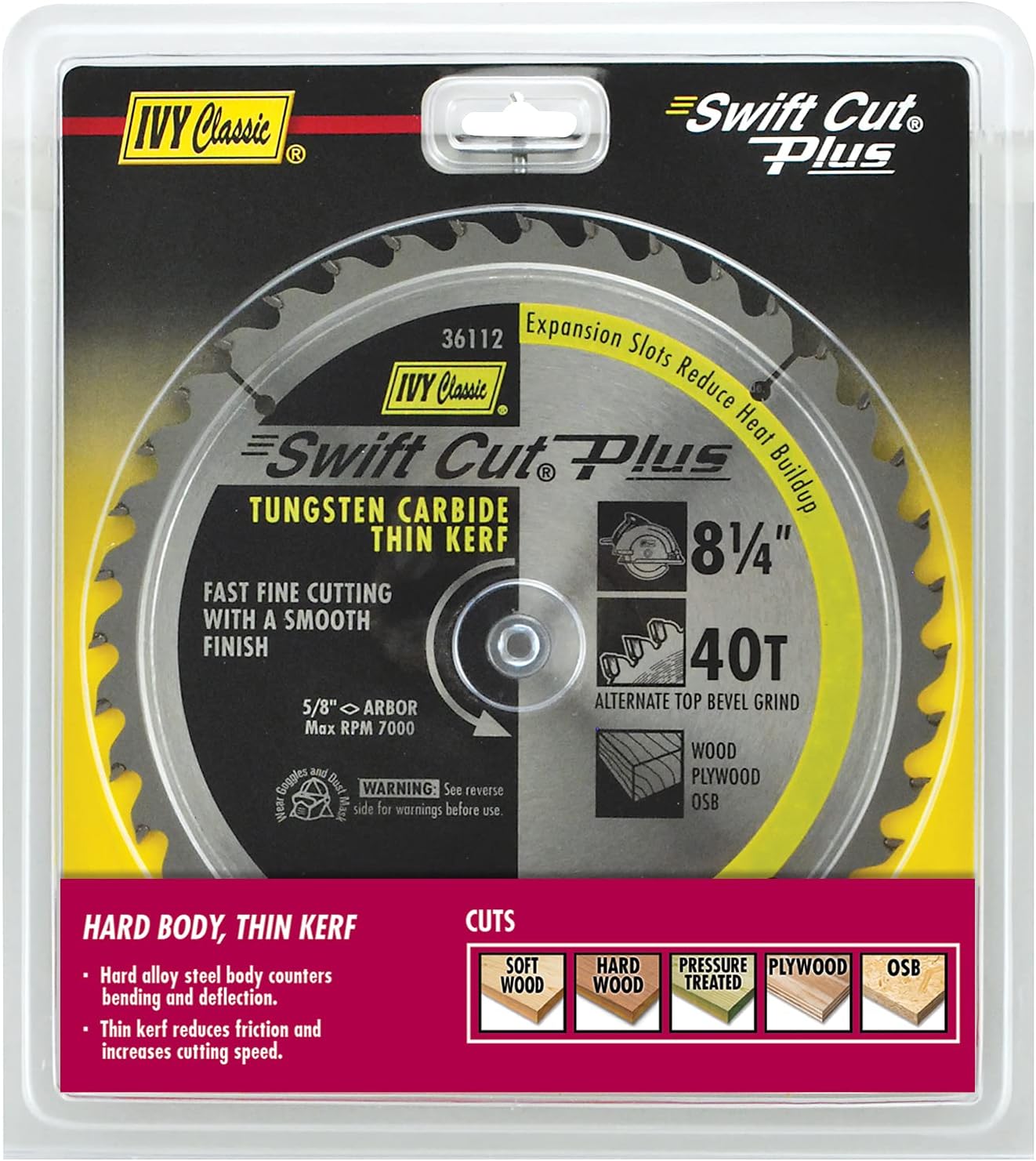 IVY Classic 36112 Swift Cut Plus 8-1/4-Inch 40 Tooth Carbide Circular Saw Blade with 5/8-Inch Diamond Knockout Arbor, 1/Card