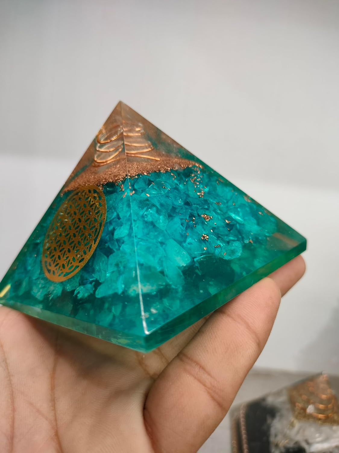 Blue Aquamarine Orgone Pyramid – EMF Protection & Positive Energy | Healing Crystal Pyramid for Anxiety Relief, Meditation & Reiki
