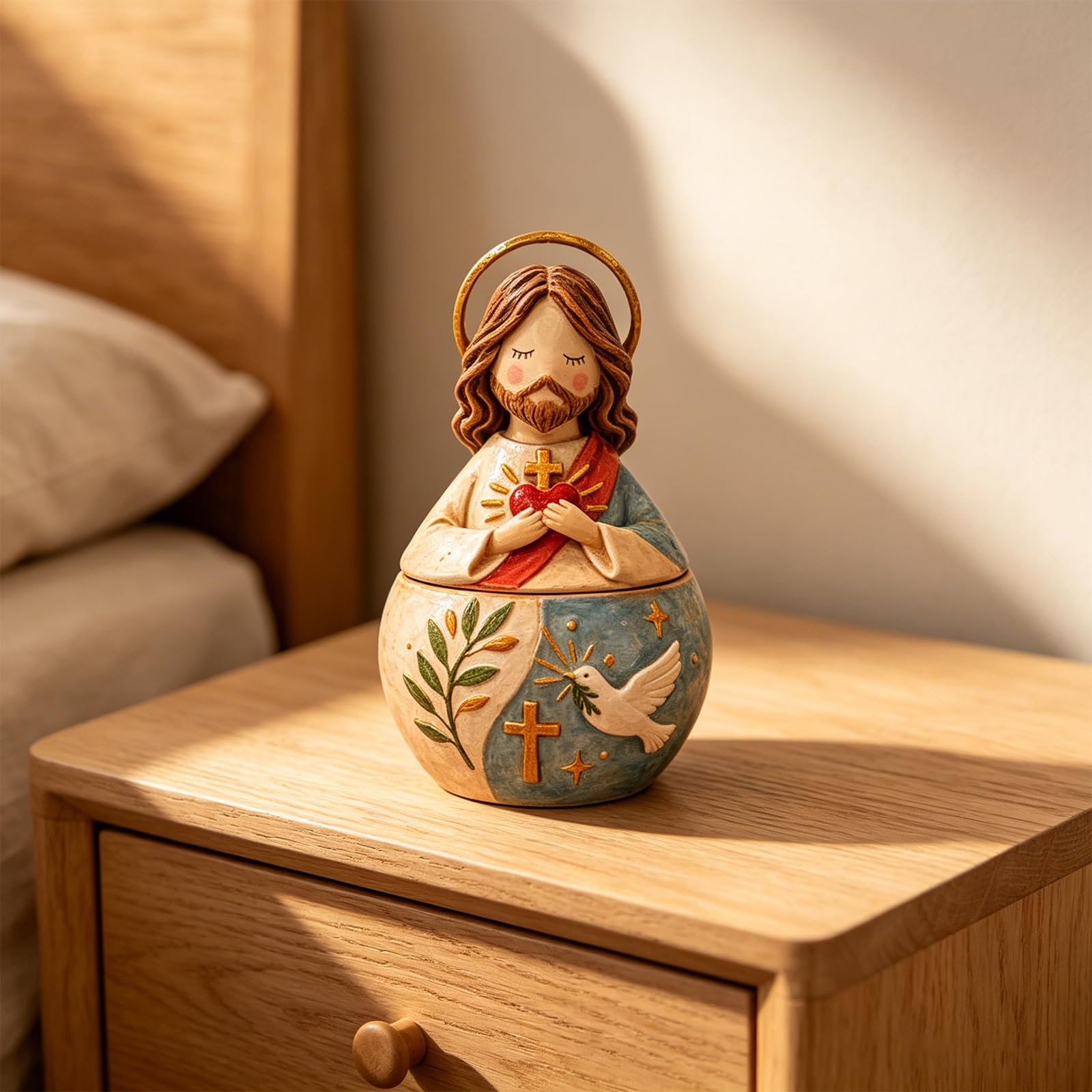 Caja de Oración de Resina con el Sagrado Corazón de Jesús y la Virgen María, Obra Artesanal de María en Resina, Ornamento Creativo de Regalo, Figura Religiosa del Corazón Sagrado de Jesús
