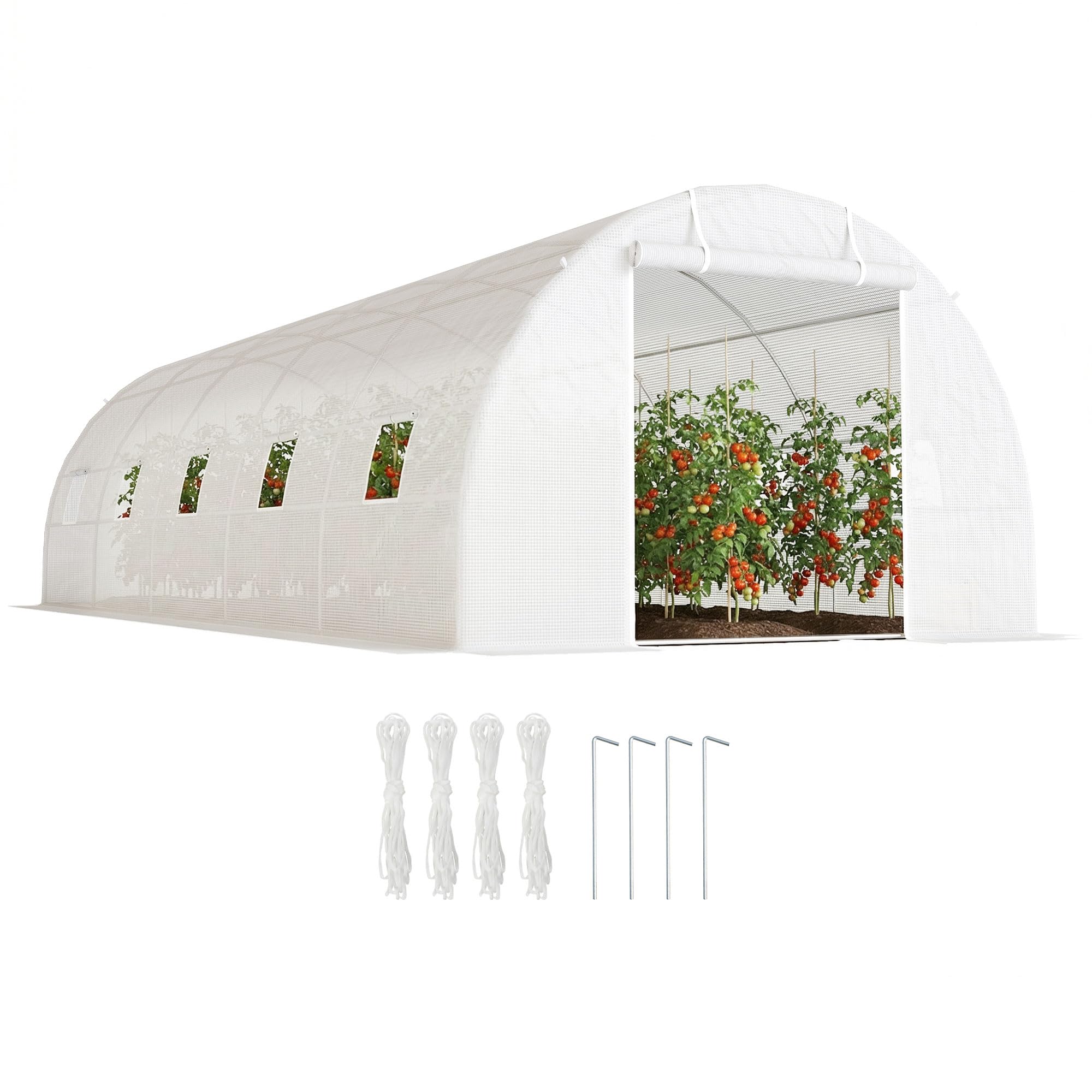 Outsunny Serra da Giardino a Tunnel 8x3x2 m con Porte Avvolgibili e 12 Finestre, Serra per Orto con 4 Rinforzi Diagonali, Struttura in Acciaio e Copertura PE, per Orto Verdure Fiori Frutta, Bianco