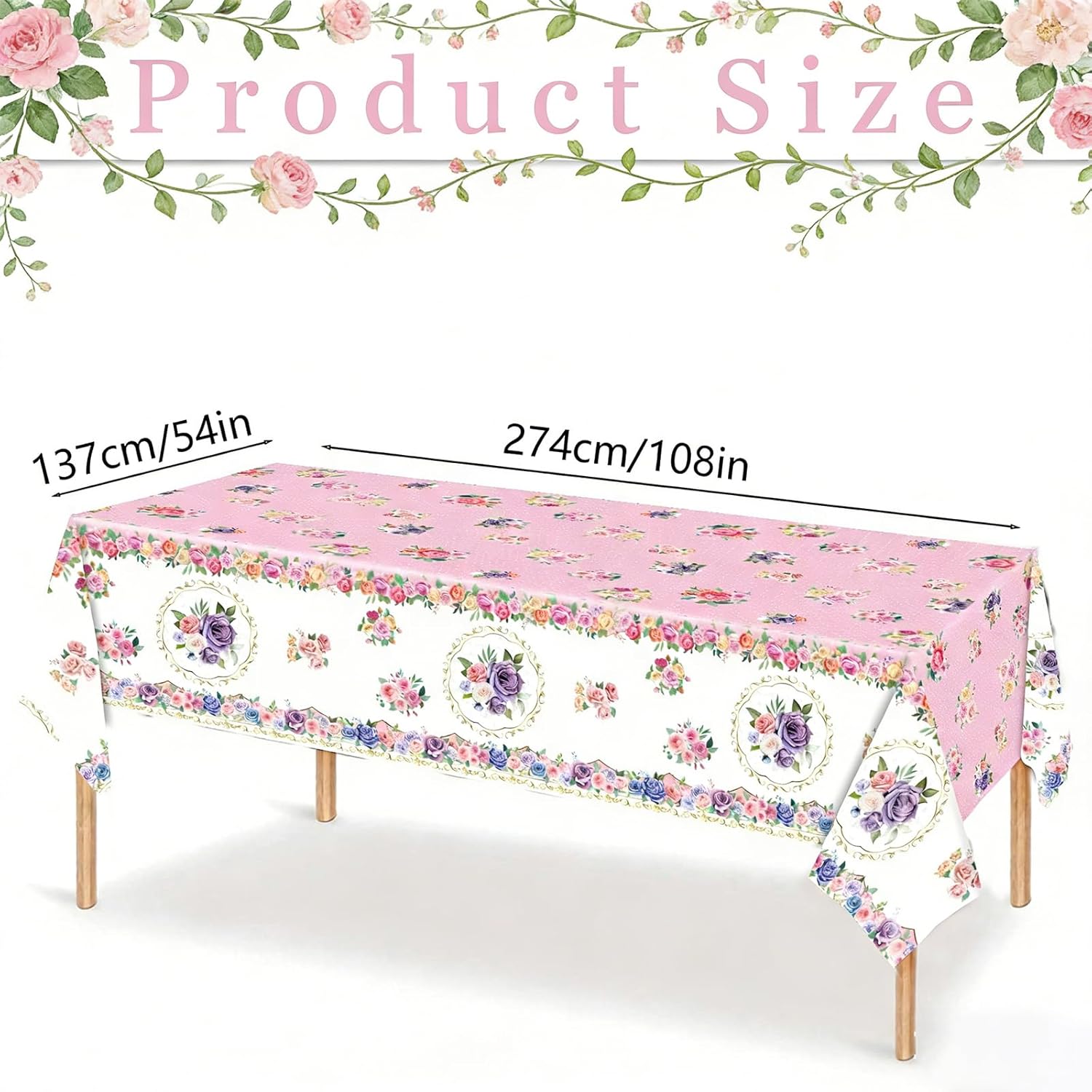 3 Piece Pink Floral Plastic Tablecloths, Tea Party Tablecloth Disposable Table Cover for Girls Birthday Decoration, Mother's Day, Garden Wedding Party Supplies, 54 x 108 Inch