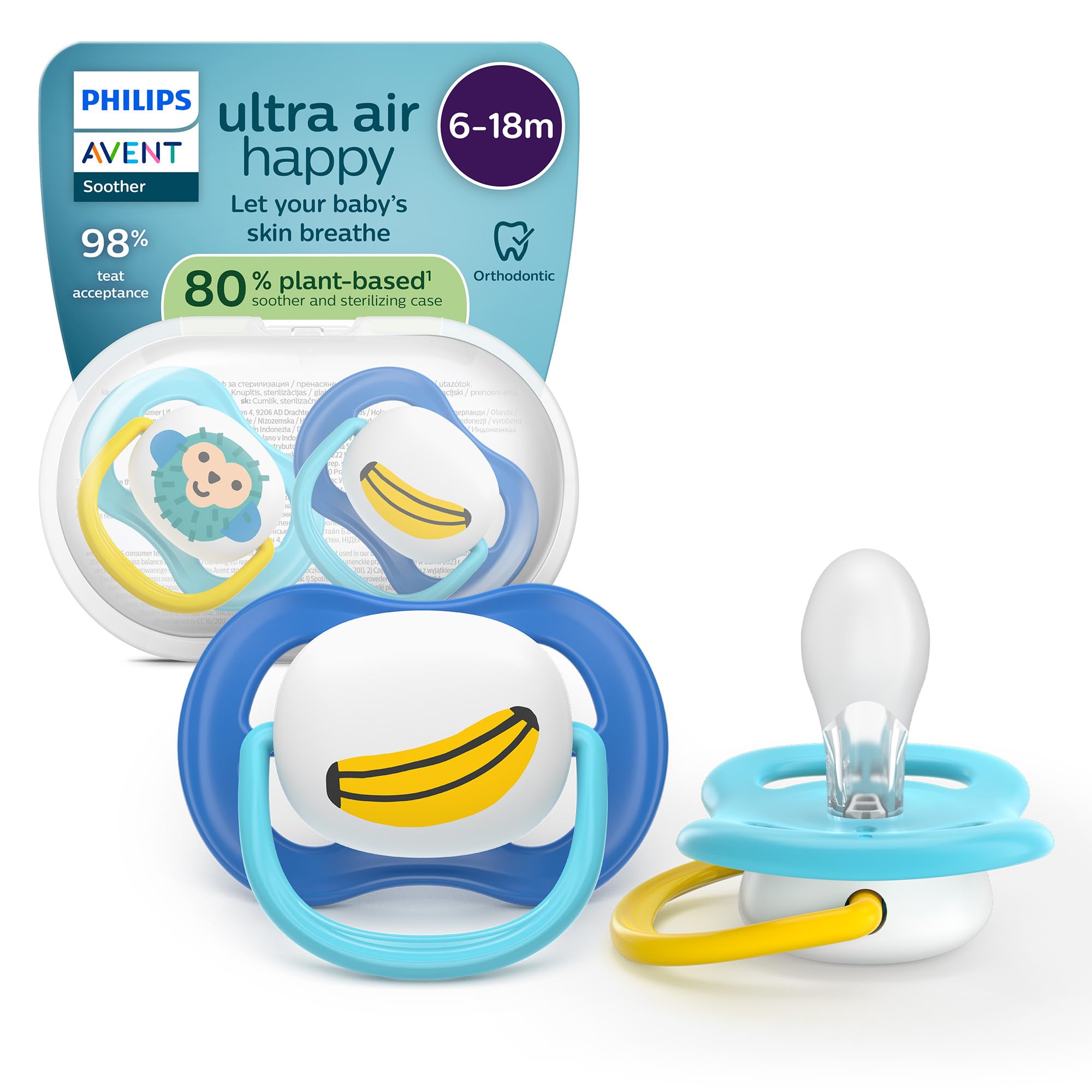 Philips Avent Ultra Air Soothers - Orthodontic Design, for Babies 6-18 Months, Soft Silicone Symmetrical Teat, BPA-Free, with Sterilizing Case, 2 Pack, SCF080/26