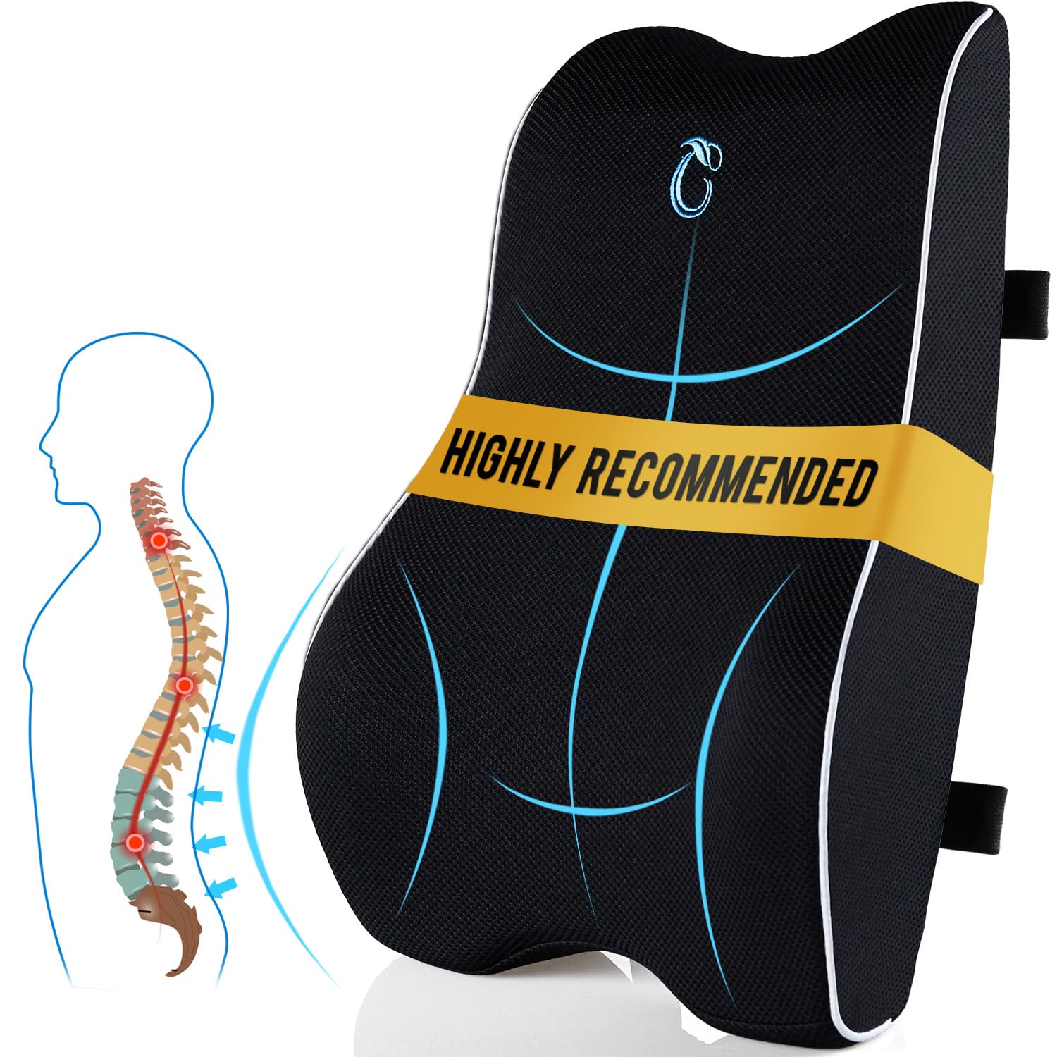 Lumbar Support Pillow for Office Chair & Car, Ergonomic Back Support Memory Foam Back Cushion with 3D Washable Cover, Relieves Back Pain for Driving, Gaming, Truck, ReclinerOEKO-TEX STANDARD 100