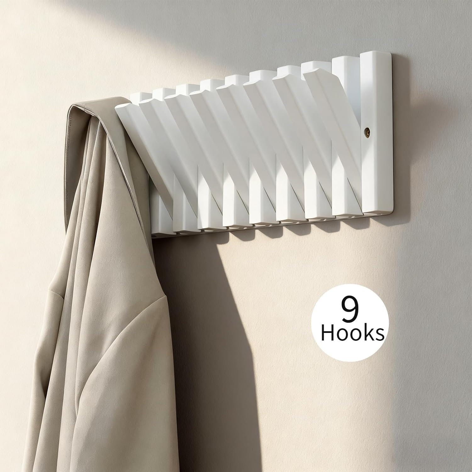 Coat & Hat Hooks Wall Mount with Key Holder, Wall Mounted Coat Rack with 9 Retractable Hangers, Solid Wood Slim Key Holder for Entryway Decor, 17in Natural Finish - Image 4