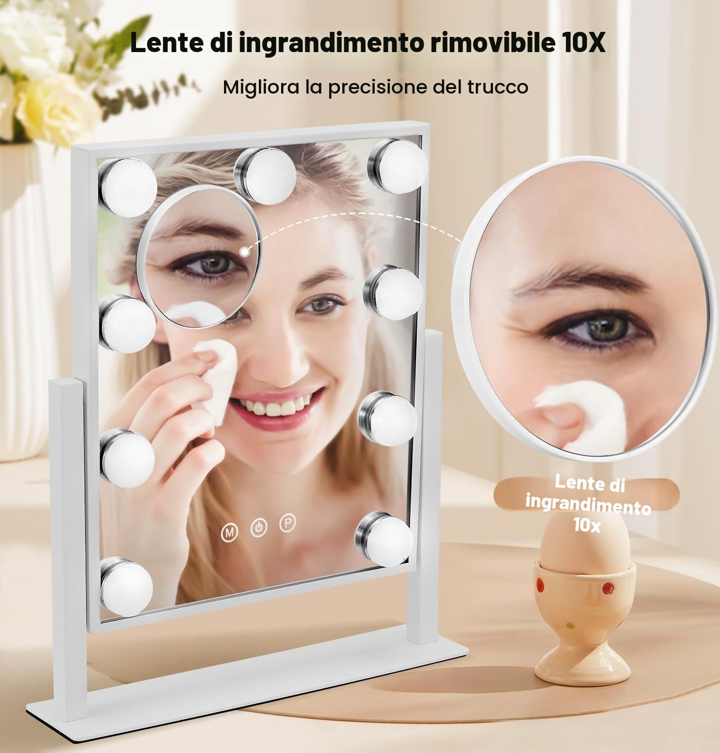 Specchio di trucco hollywoodiano con 9 lampadine LED, 3 modalità di illuminazione, schermo tattile, rotazione di 360 gradi