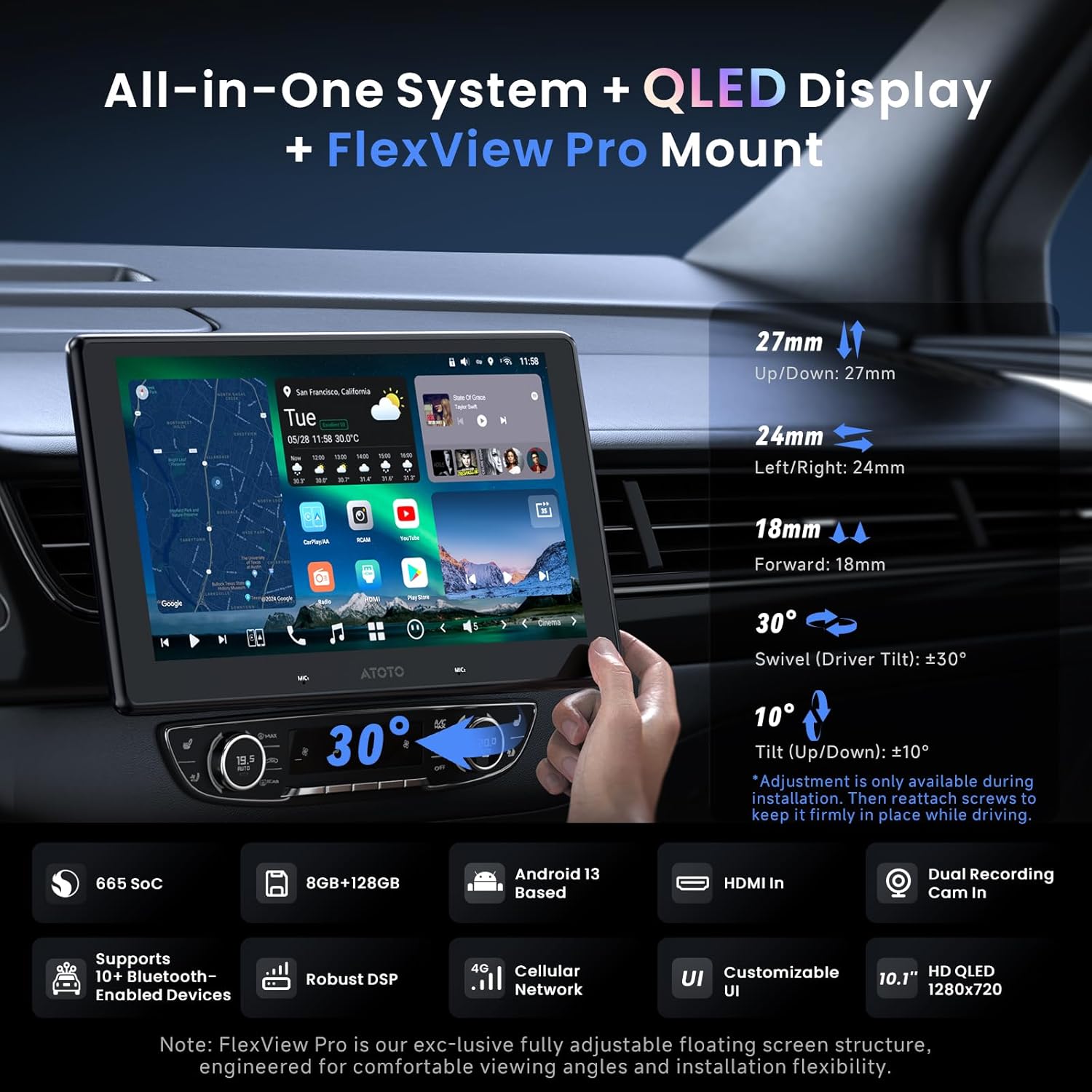 Image illustrating the adjustable features of the ATOTONA X10's FlexView Pro mount, showing various angles and movements.