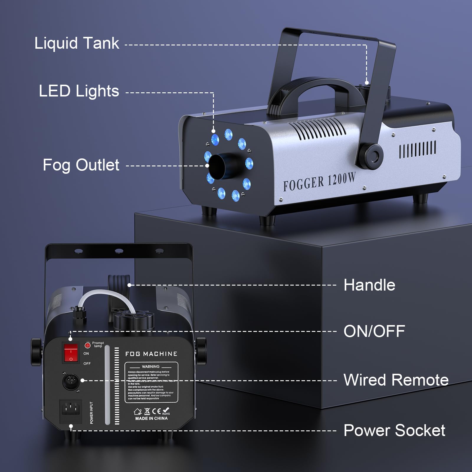 Máquina de Humo Discoteca, 1200W 9 RGB 3 en 1 LED Maquina Humo Portátil con Control Remoto Inalámbrico para Fiesta, Halloween, Navidad, Boda, DJ, Bar, Club, Escenario de Efectos