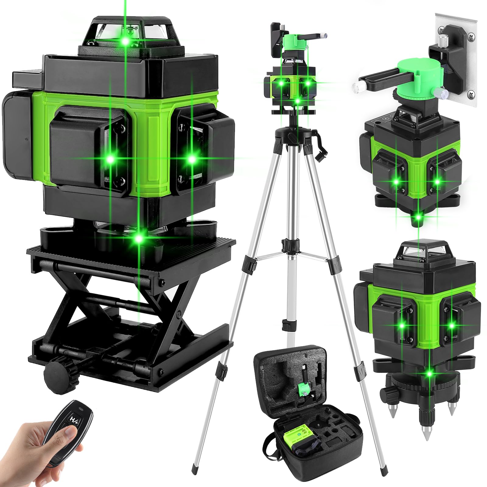 Nivel Láser 16 lineas, 4 x 360 Nivel Laser Autonivelante Verde 25m Alcance, Con1.5m Trípode,2 * 2400 mAh, Soporte de Pared, Plataforma Elevadora, Control Remoto (Verde)