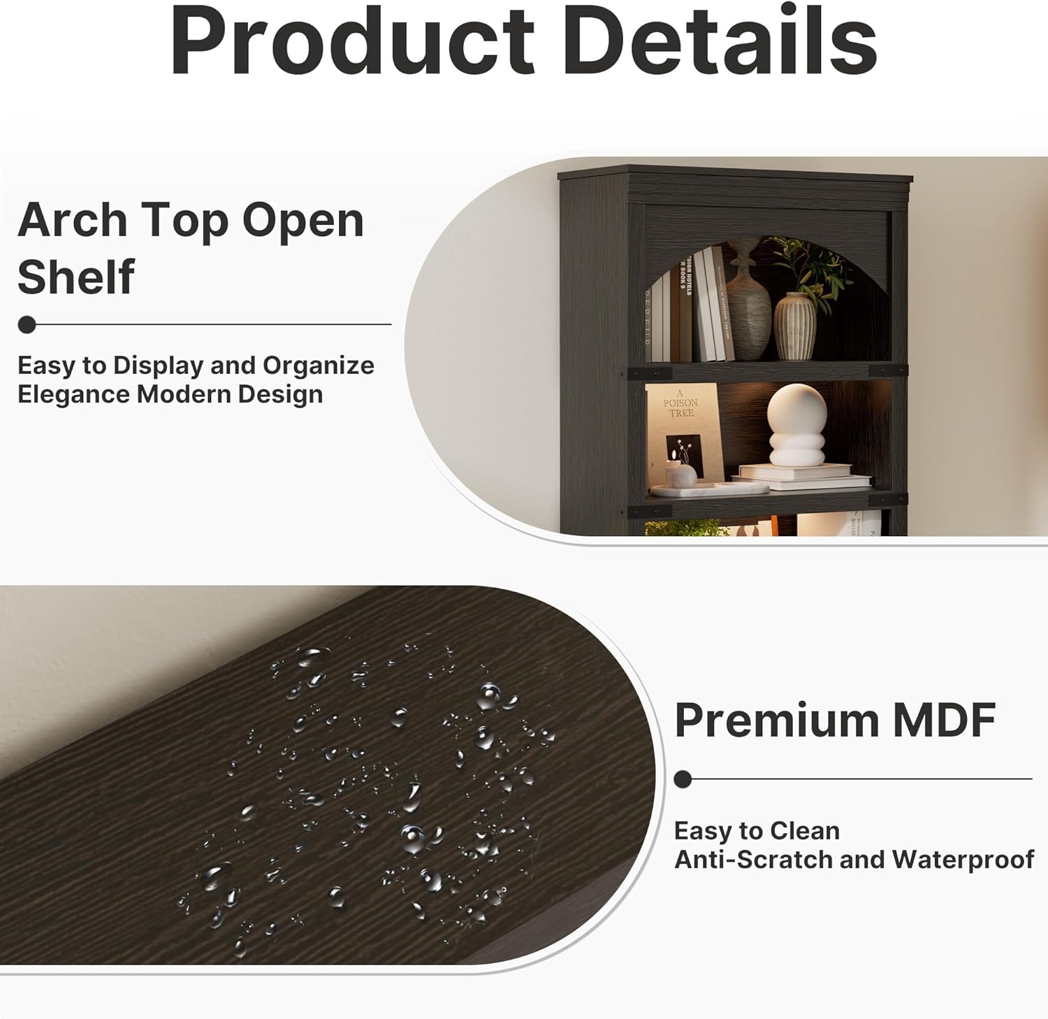 70” Arched Bookcase with 23" Electric Fireplace & LED Lights, 4-Tier Tall Bookshelf Open Storage, Modern Storage Organizer Display Cabinet for Living Room, Office, Home, Black