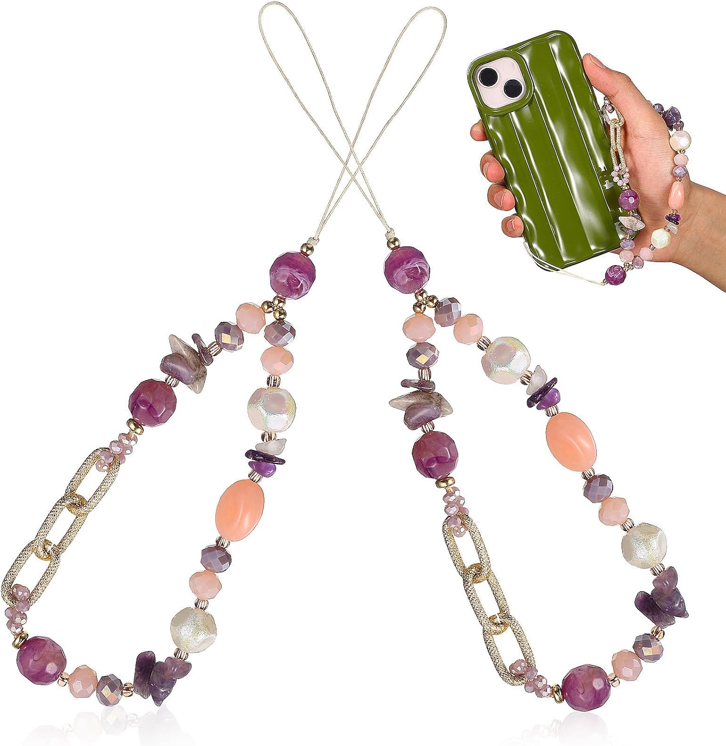 2pcs Colorful Stone Crystal Phone Wrist Strap Chain Decorative Charm