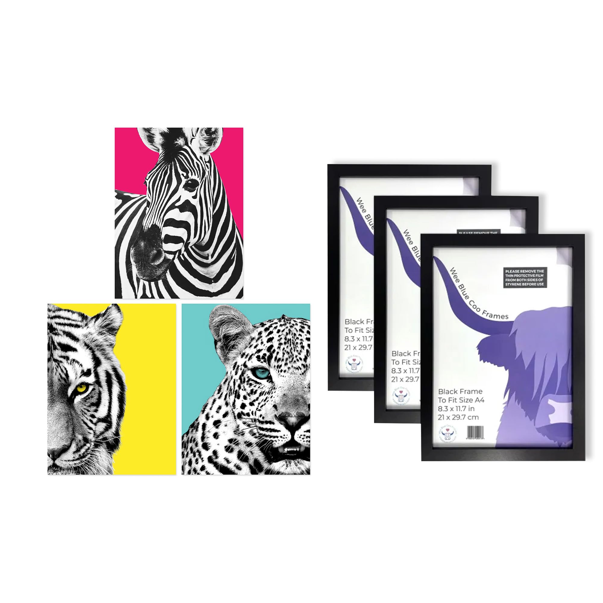 Artery8 Bright Wild Animals Wall Art - Set of 3 A4 Sized Art with Black Frames - Pink Yellow Blue Zebra Lion Leopard Colour Block Posters