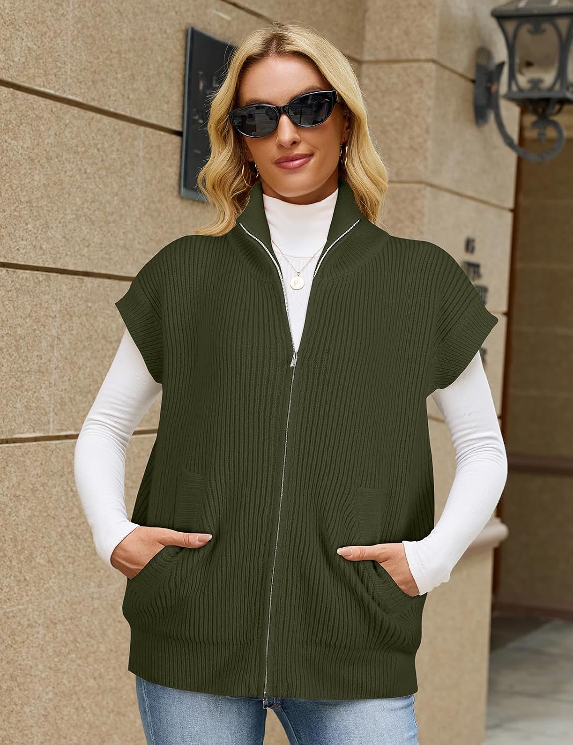 Koscacy Sweater Vest for Women Zipper UP Cap Sleeve Knit Cardigan Outerwear Vest with Pockets - Image 2