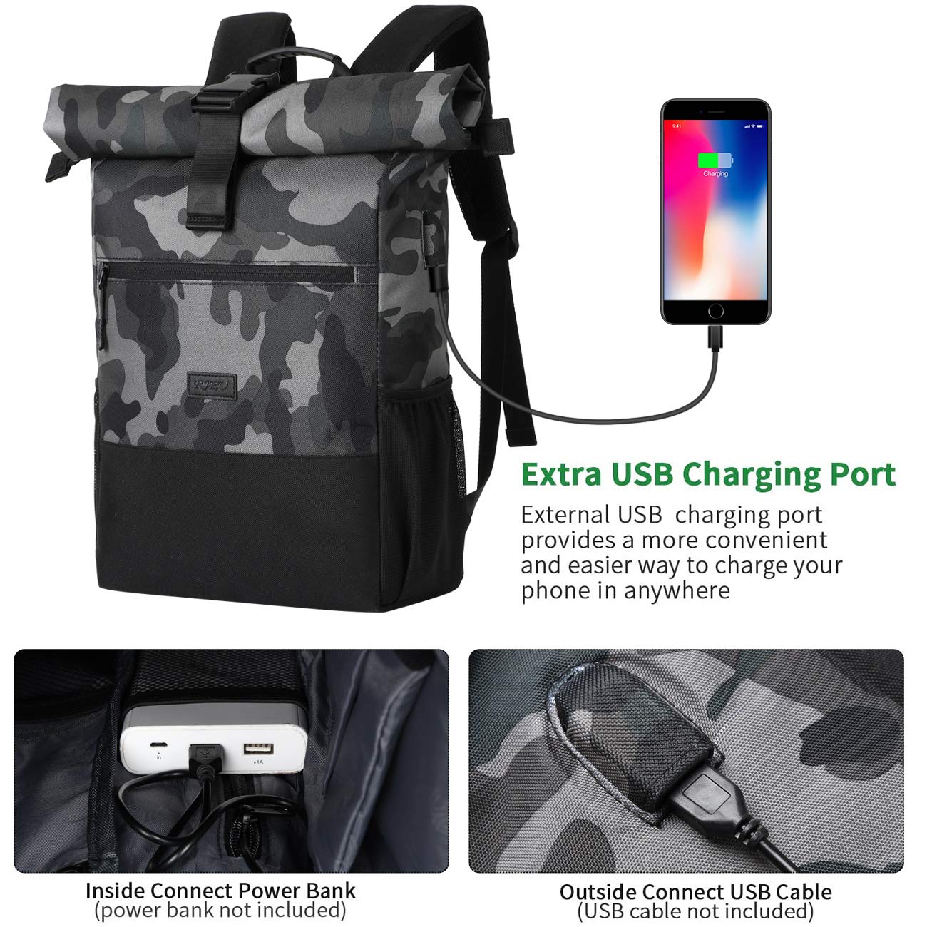 RJEU Zaino per Uomo e Donna, Zaino per Laptop da 15,6-17,3 Pollici con Porta di Ricarica USB, Borsa per Ragazzo e Ragazza Adolescente per Scuola, Viaggio (Camuffare-26L)