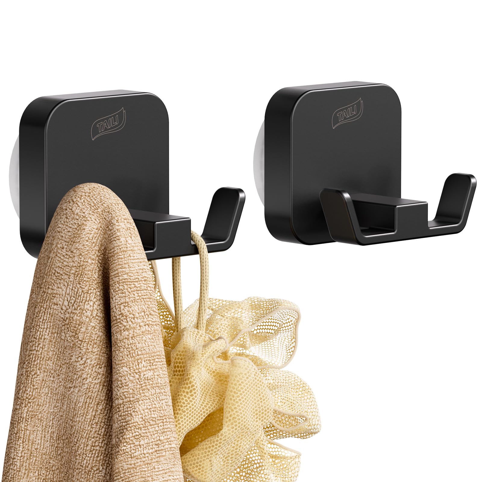 TAILI Patented Strong Suction Cup Hook, 304 Stainless Steel Bathroom Suction Cup Holder for Towel, Loofah, Bathrobe, Damage-Free Hanging Shower Wall Hook, Double-Hook Widening Design, 2 Pack, Black
