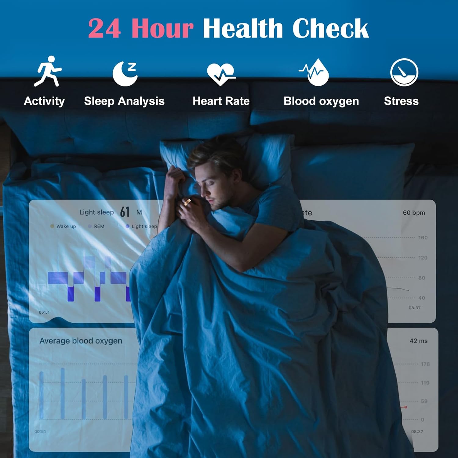 Smart Ring with Sleep Monitor for Women Men,Fitness Tracker with Heart Rate,Blood Oxygen,Steps,IP68 Waterproof Smart Rings,5-7 Days Battery Life for iOS Android,No App Fee（Gold,11）