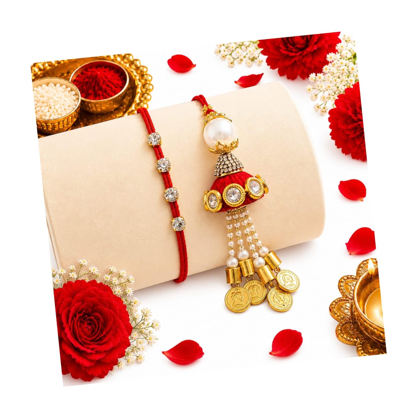 Bhaiya Bhabhi Rakhi Combo, 1 Crystal Studded Red Thread Rakhi for Brother and 1 Matching Pearl Jhumka Hanging Lumba with Coins and Roli Chawal, Rakshabandhan Gift Set