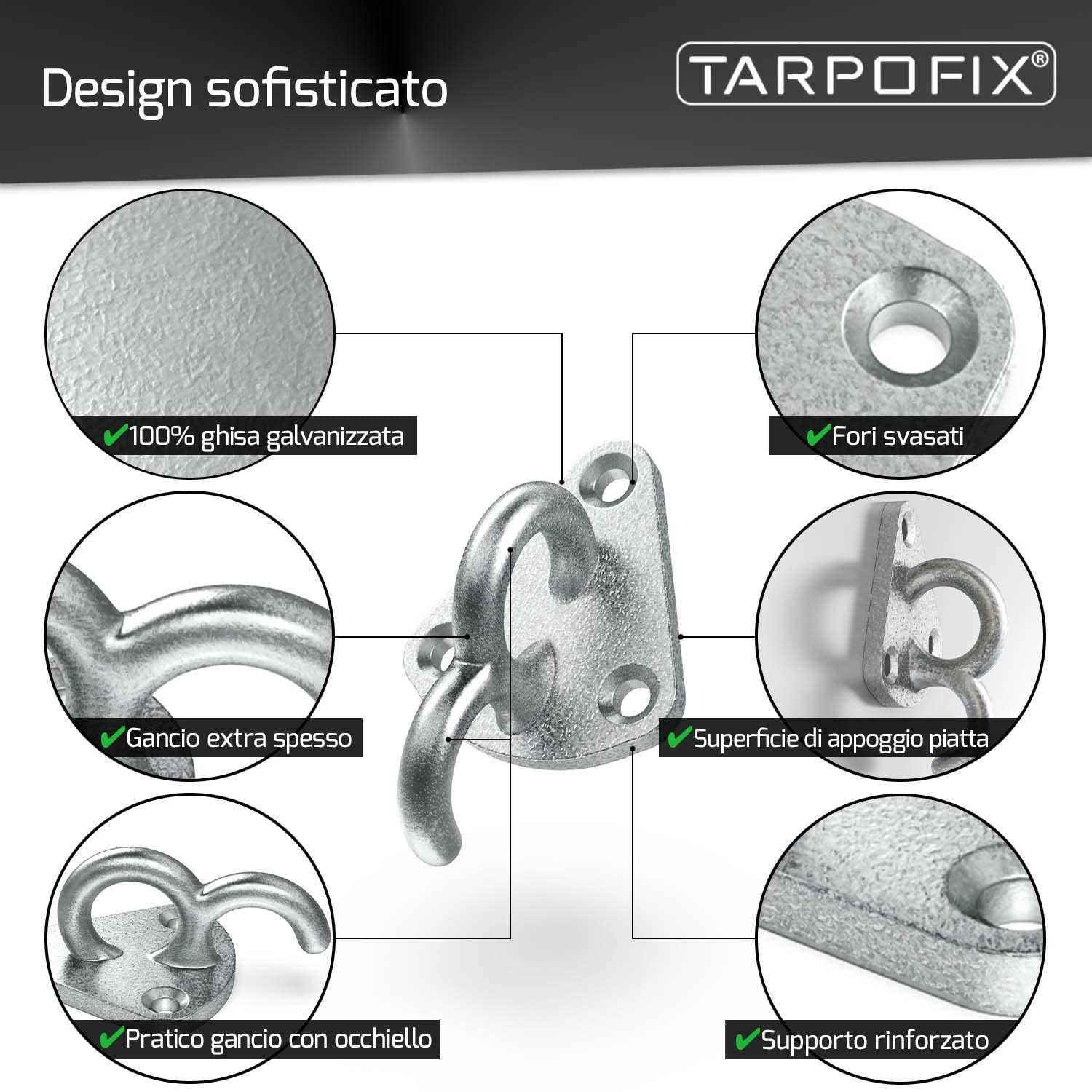 Tarpofix 10 ganci per telone a tre fori per telone di rimorchio e rete, resistenti ganci in ghisa zincata, resistenti per rimorchi e pareti di bordo