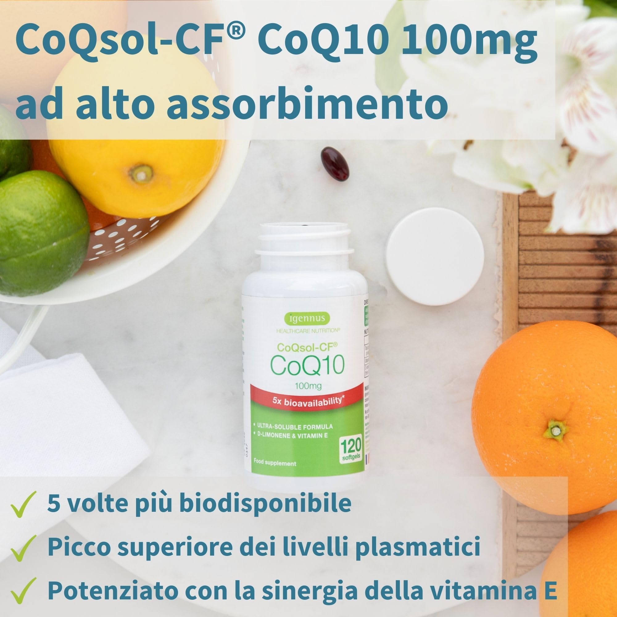 Igennus Integratore CoQ10, Coenzima Q10 100mg, 120 Softgels (4 mesi), Biodisponibilità 5x Superiore, Formula Ultra-Solubile CoQsol-CF, Ubichinone Potenziato con Vitamina E e D-Limonene, 1 al giorno